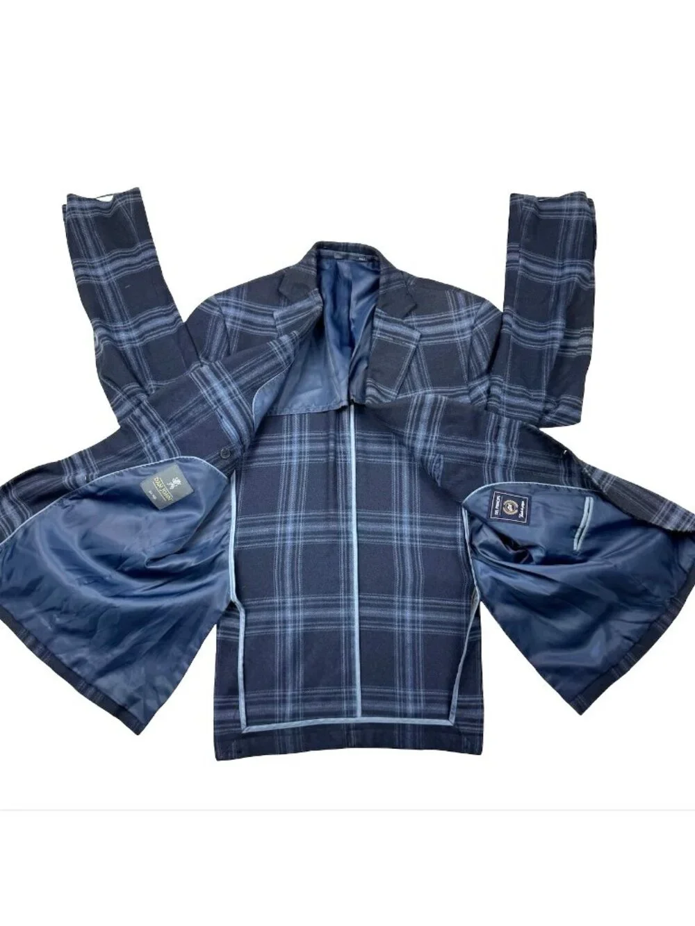 Dan John Men’s Wool Blend 2-Button Blazer Blue Gray Plaid • 40R US 50 EU